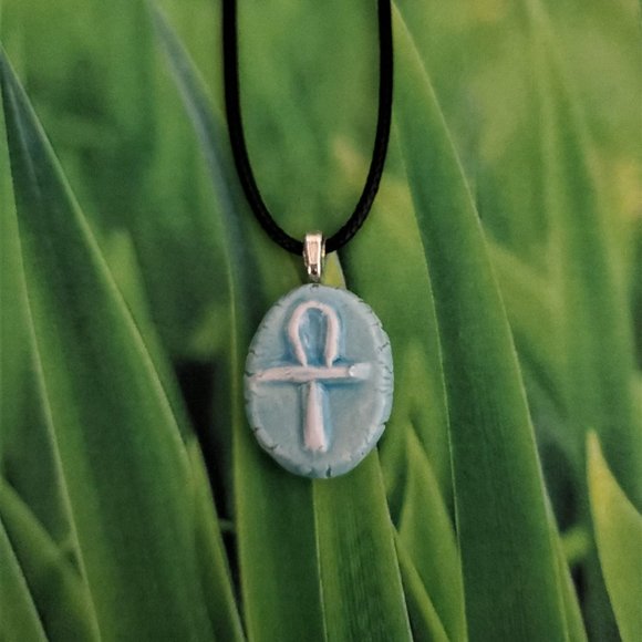 Handmade Ceramic Light Blue Ankh or Key of Life Pendant Necklace - Picture 12 of 14